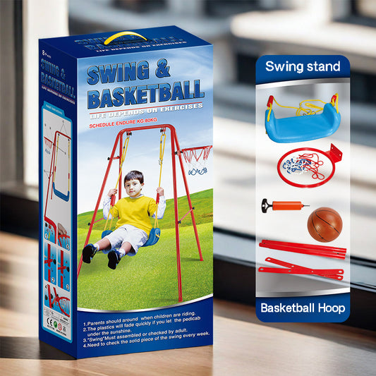 2-in-1 kids swing and basketball hoop set for backyard, sturdy metal frame with comfortable swing seat