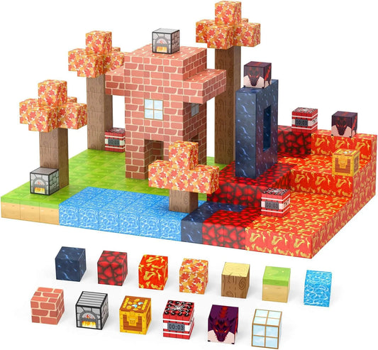 Montessori-inspired magnetic Minecraft blocks set featuring a colorful maple forest, brick house, trees, lava terrain, and water elements for creative building and STEM play.
