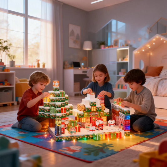 Parents and children developing fine motor skills through festive magnetic block play
