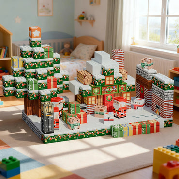 Parents and children developing fine motor skills through festive magnetic block play