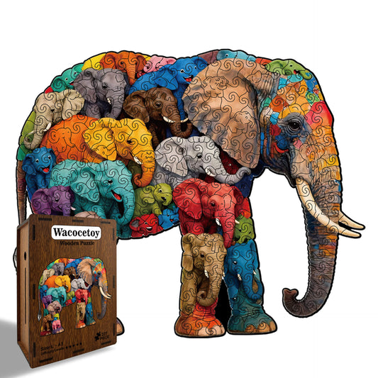 Elephant wooden puzzle with colorful animal-shaped pieces for adults and kids.