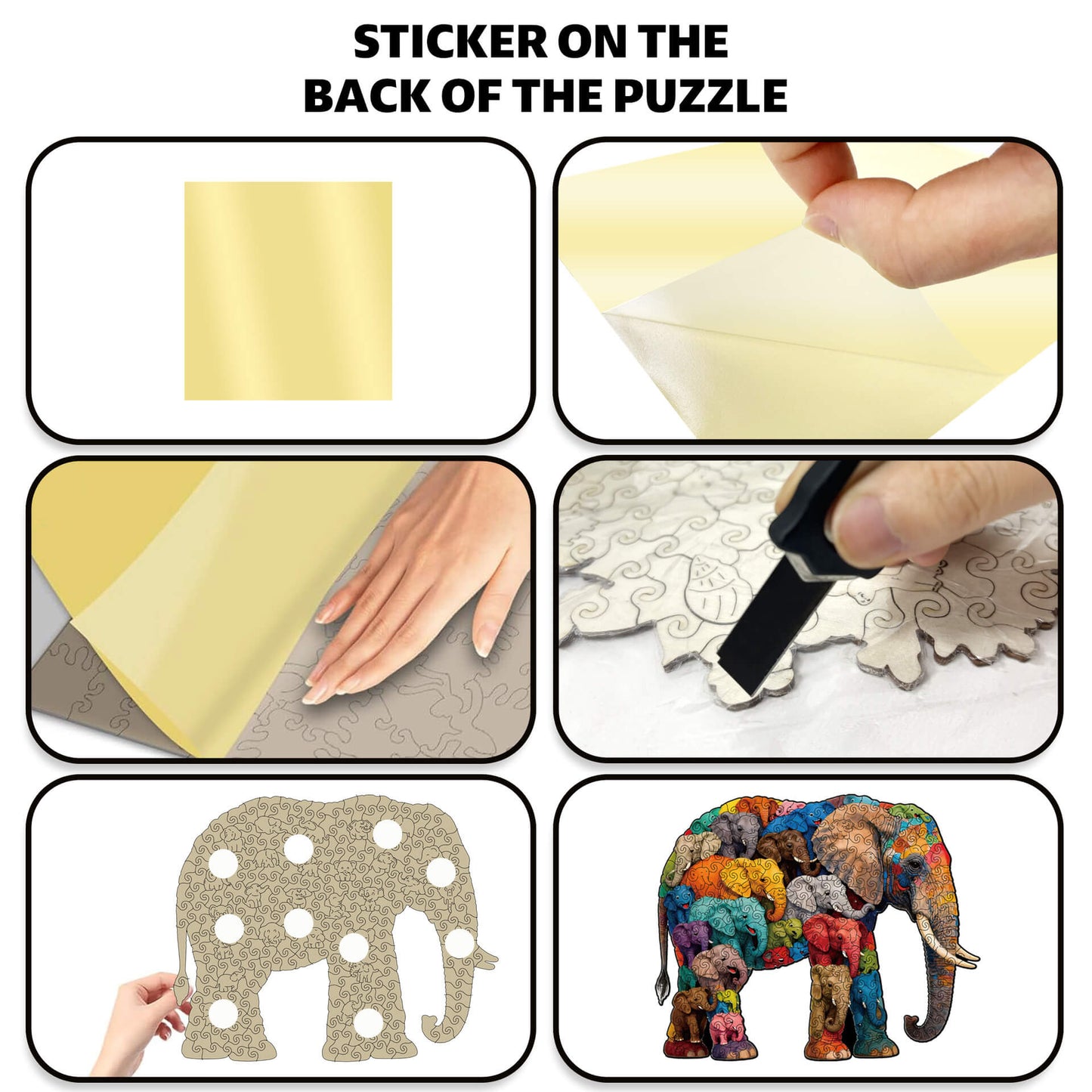 Elephant wooden puzzle with colorful animal-shaped pieces for adults and kids.