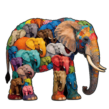 Elephant wooden puzzle with colorful animal-shaped pieces for adults and kids.