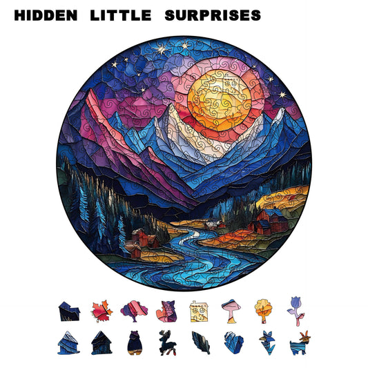 3D canyon sunset forest wooden puzzle with animal-shaped pieces and dual-use money bank design