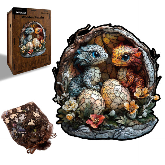 Wooden puzzle featuring two baby dragons hatching from their eggs in a magical dragon nest.