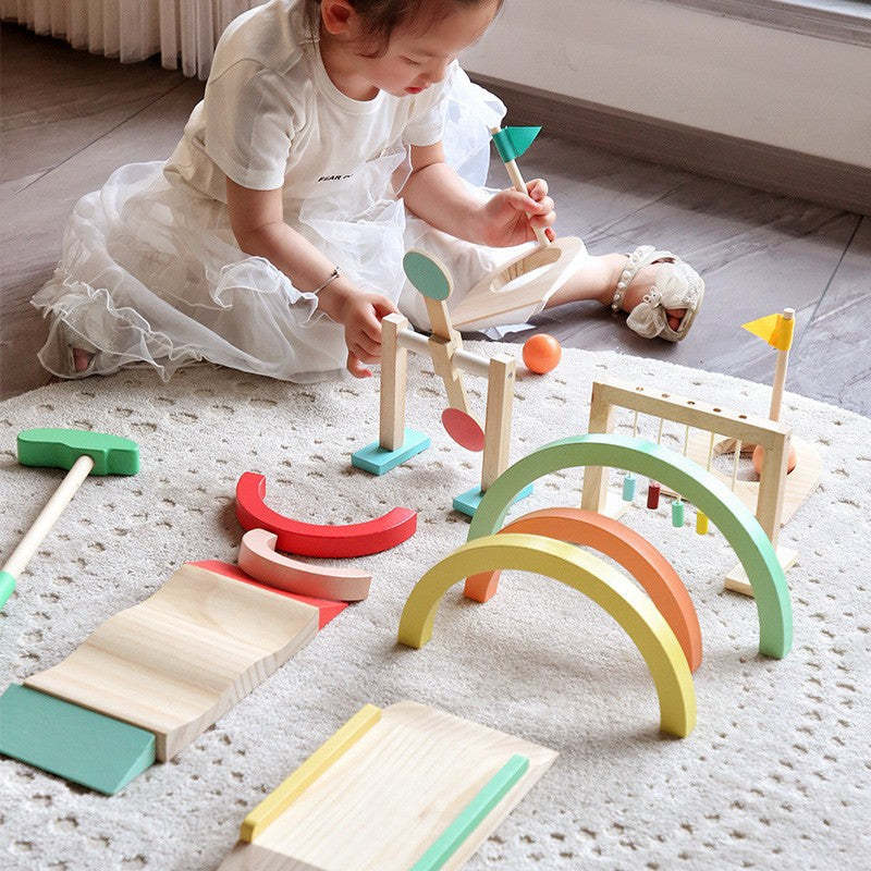 Kids golf set with colorful arches, obstacles and goals for backyard play