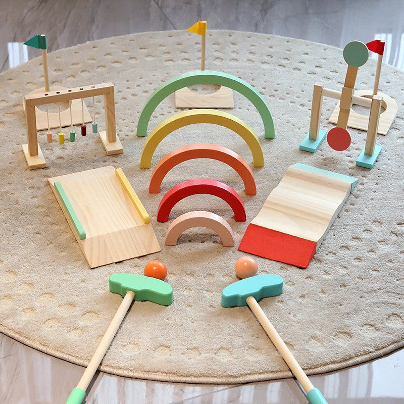 Kids golf set with colorful arches, obstacles and goals for backyard play