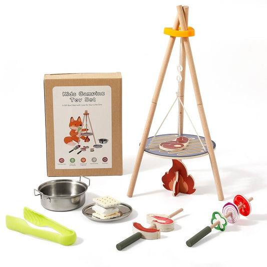 Immersive kids wooden campfire play set with stainless steel pots and grill on tabletop