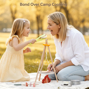 Immersive kids wooden campfire play set with stainless steel pots and grill on tabletop