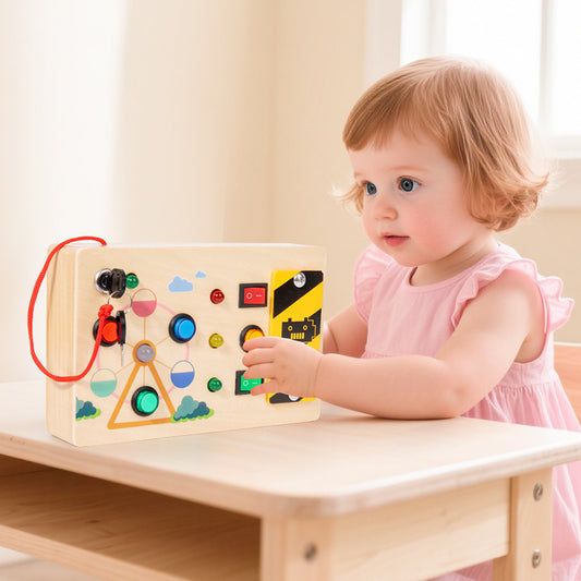 A Montessori-inspired wooden busy board for toddlers with engaging LED lights, switches, and buttons, designed for early education and sensory play.