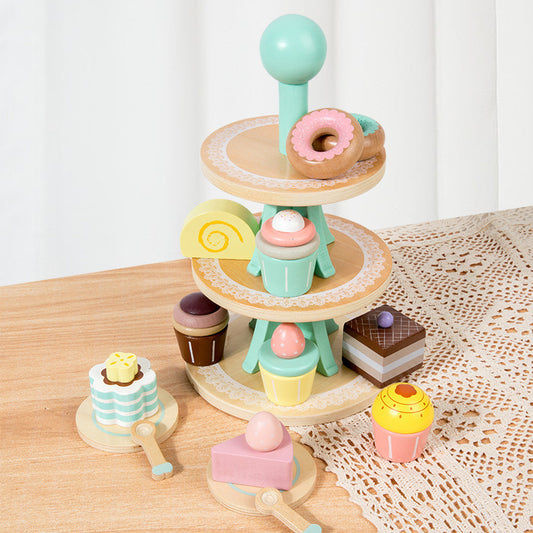 Pretend play dessert tea set with pastel macarons and cakes