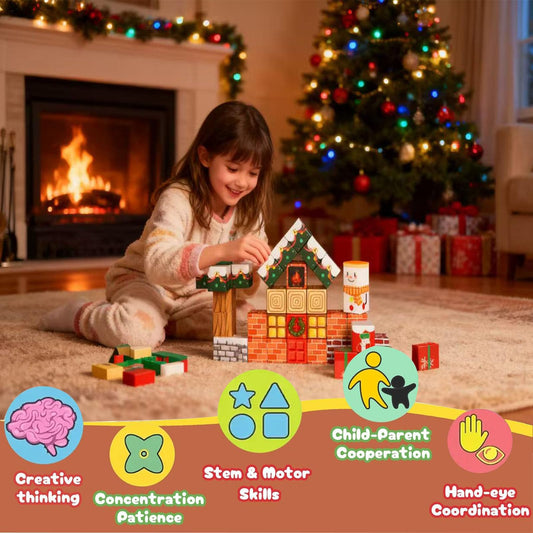 45-piece magnetic block travel toy set for building a festive Christmas scene and creative play.