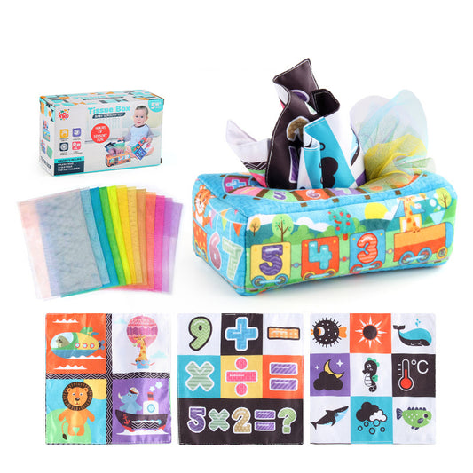 Montessori sensory tissue box toy shaped like a colorful bus, with crinkle tissues and alphabet cards for baby learning and play