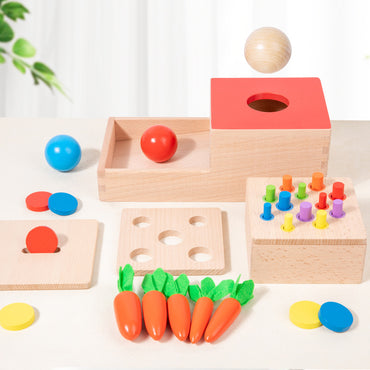 Montessori toy set with foldable storage box and colorful interactive lids
