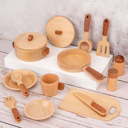 Montessori-inspired wooden kitchen playset for toddlers with realistic accessories