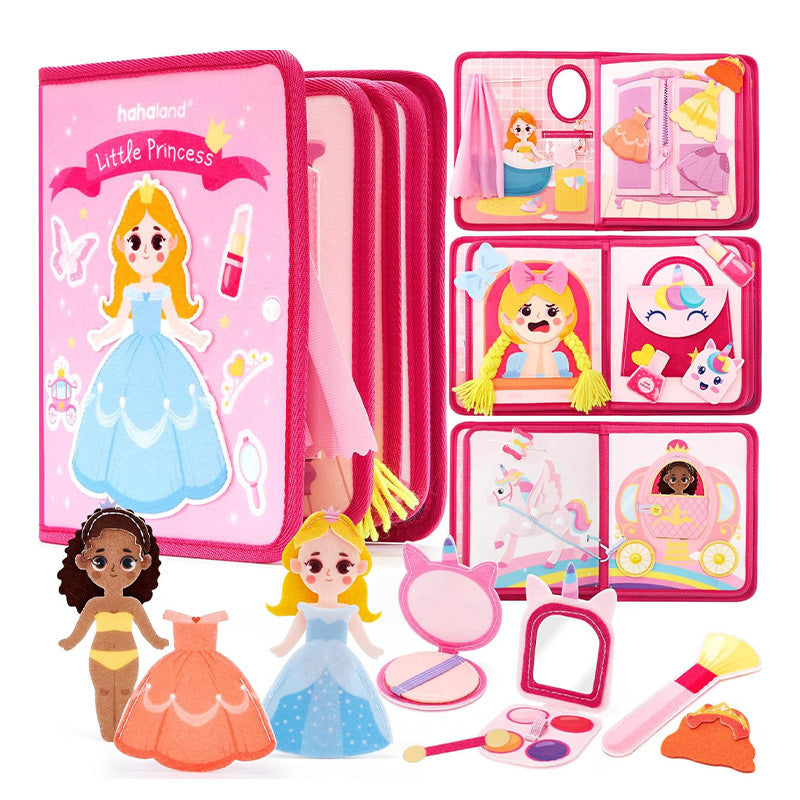 Colorful Montessori-style preschool busy book for toddlers featuring dinosaur, princess, Christmas, farm, zoo, and ocean themes with 3D felt pages and interactive learning elements.