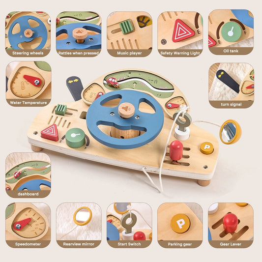 Side angle view of the sturdy wooden busy board, highlighting its compact design and multiple learning stations.