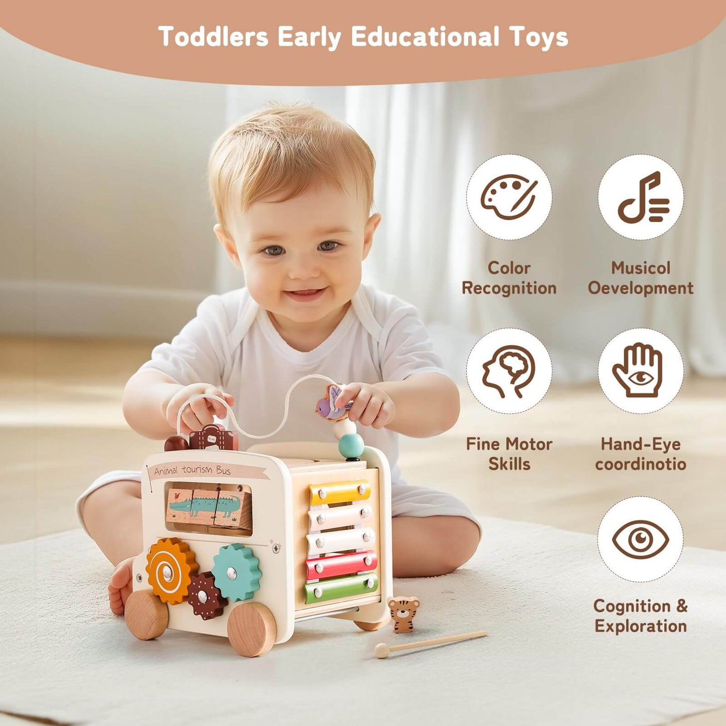 Montessori 8-in-1 Wooden Activity Bus - Multifunctional Learning Toy for Toddlers