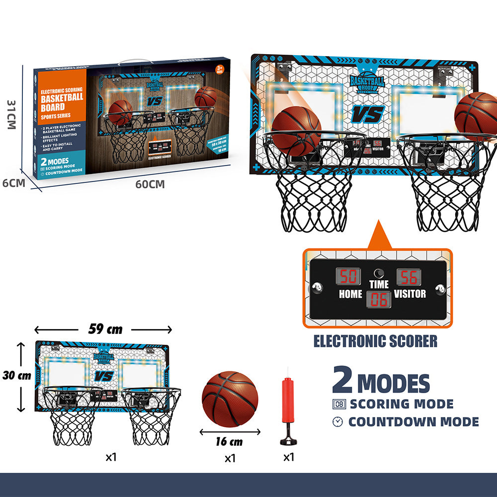 Kids playing with wall-mounted basketball hoop featuring electronic scoreboard and LED lights