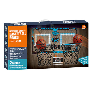 Kids playing with wall-mounted basketball hoop featuring electronic scoreboard and LED lights