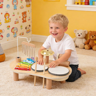 Wooden all-in-one music discovery center featuring xylophone, chimes, and drums for toddlers.