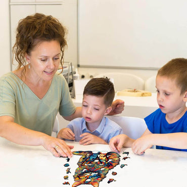 Parents and child smiling and playing together with the cat puzzle on a table, promoting family bonding.