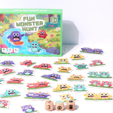 Wooden monster hunt card game for kids – fast-paced interactive tabletop game with colorful dice and cards