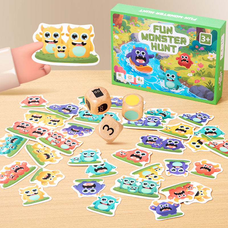 Wooden monster hunt card game for kids – fast-paced interactive tabletop game with colorful dice and cards