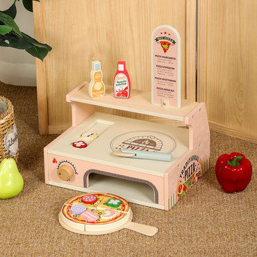 Wooden pizza play counter with detachable pizza slices and rotating knobs for Montessori kitchen play