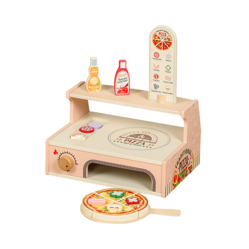 Wooden pizza play counter with detachable pizza slices and rotating knobs for Montessori kitchen play