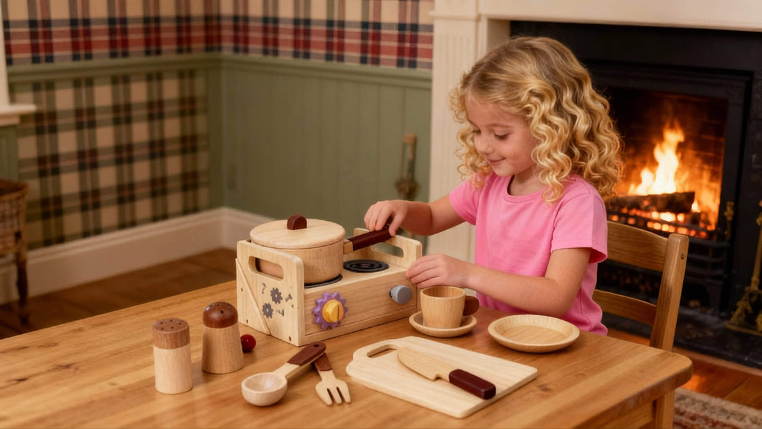 Children playing with wooden kitchen toys to boost creativity and imagination