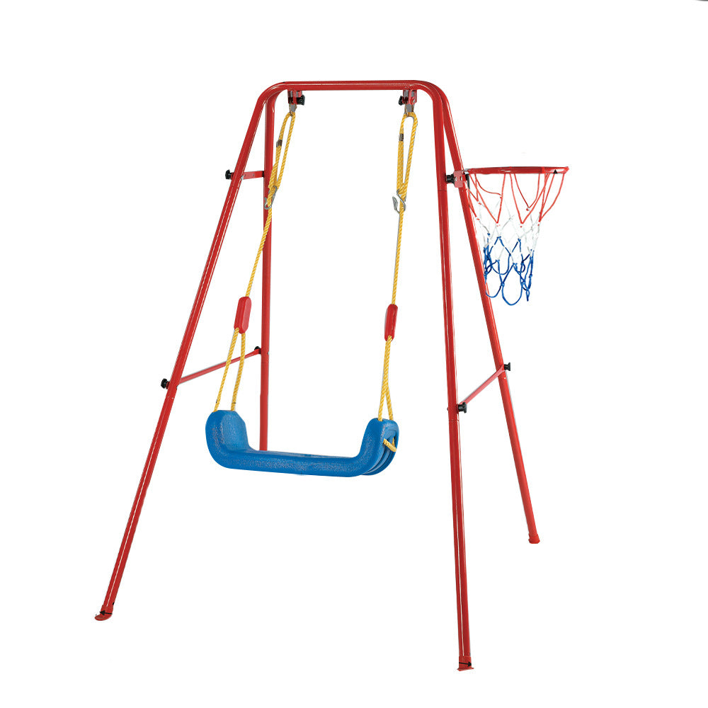 2-in-1 kids swing and basketball hoop set for backyard, sturdy metal frame with comfortable swing seat
