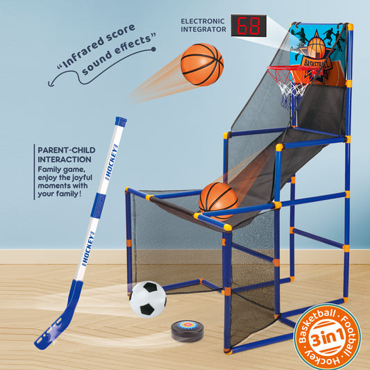 3-in-1 sports arcade game with basketball, soccer and hockey for kids