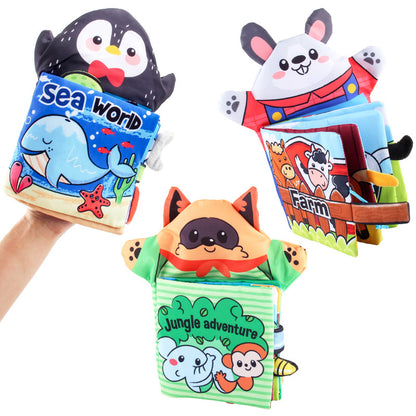 3D-Sinnesbuch mit Tierpuppen – Pinguin, Eichhörnchen und Hase für Babylernen und Spiel