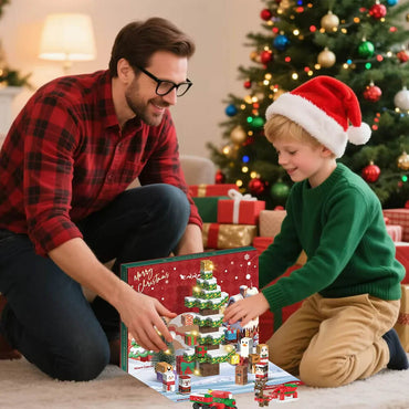 A family enjoying building the Magnetic Christmas Countdown Calendar together during the holidays.