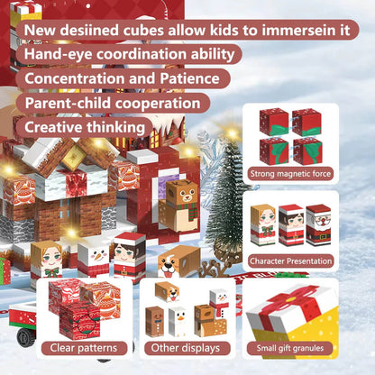 A family enjoying building the Magnetic Christmas Countdown Calendar together during the holidays.