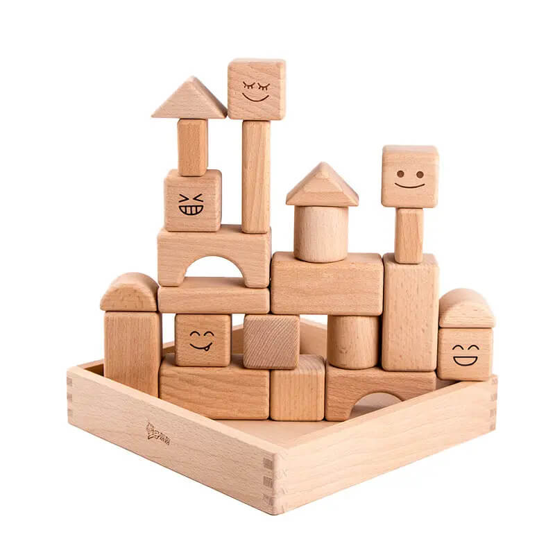 Beechwood smiley face building blocks for 2 year olds - 23-piece set with 6 geometric shapes in non-toxic colors
