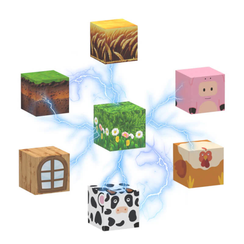 Child building a whimsical farmhouse with open ended magnetic blocks, glowing tiles and animal figurines