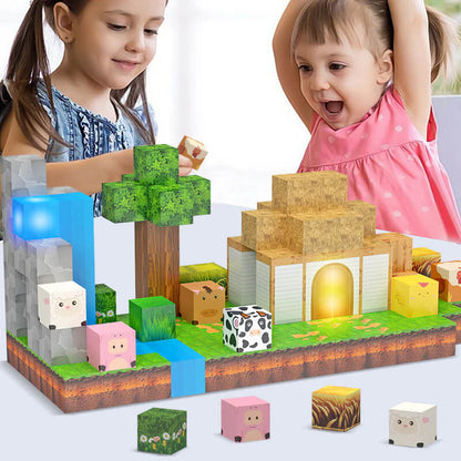 Child building a whimsical farmhouse with open ended magnetic blocks, glowing tiles and animal figurines