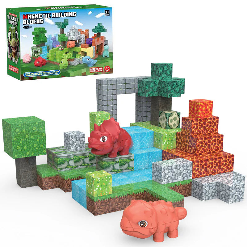 Child building dinosaur world with magnetic blocks | Best STEM toys for 3 year olds