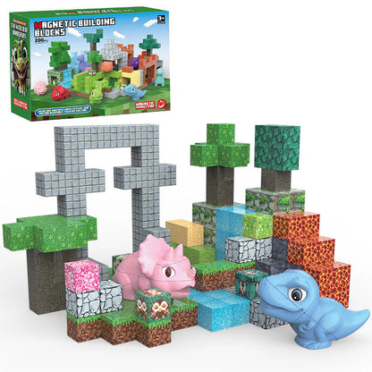 Child building dinosaur world with magnetic blocks | Best STEM toys for 3 year olds