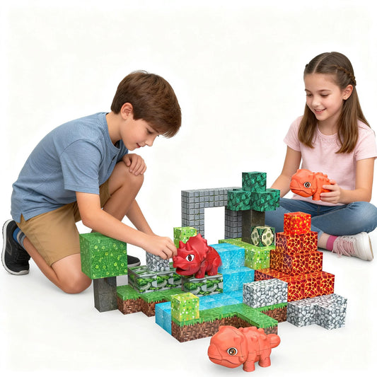 Child building dinosaur world with magnetic blocks | Best STEM toys for 3 year olds