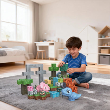 Child building dinosaur world with magnetic blocks | Best STEM toys for 3 year olds