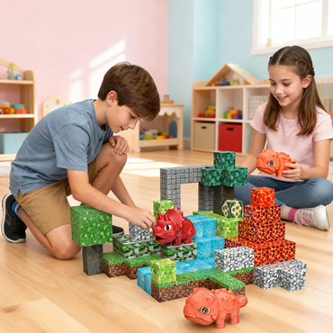 Kind baut eine Dinosaurierwelt mit magnetischen Bausteinen | Beste STEM-Spielzeuge für 3-Jährige