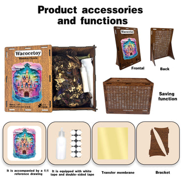 A beautifully crafted pink castle wooden puzzle featuring towering spires, clouds, colorful flowers, and lush trees.