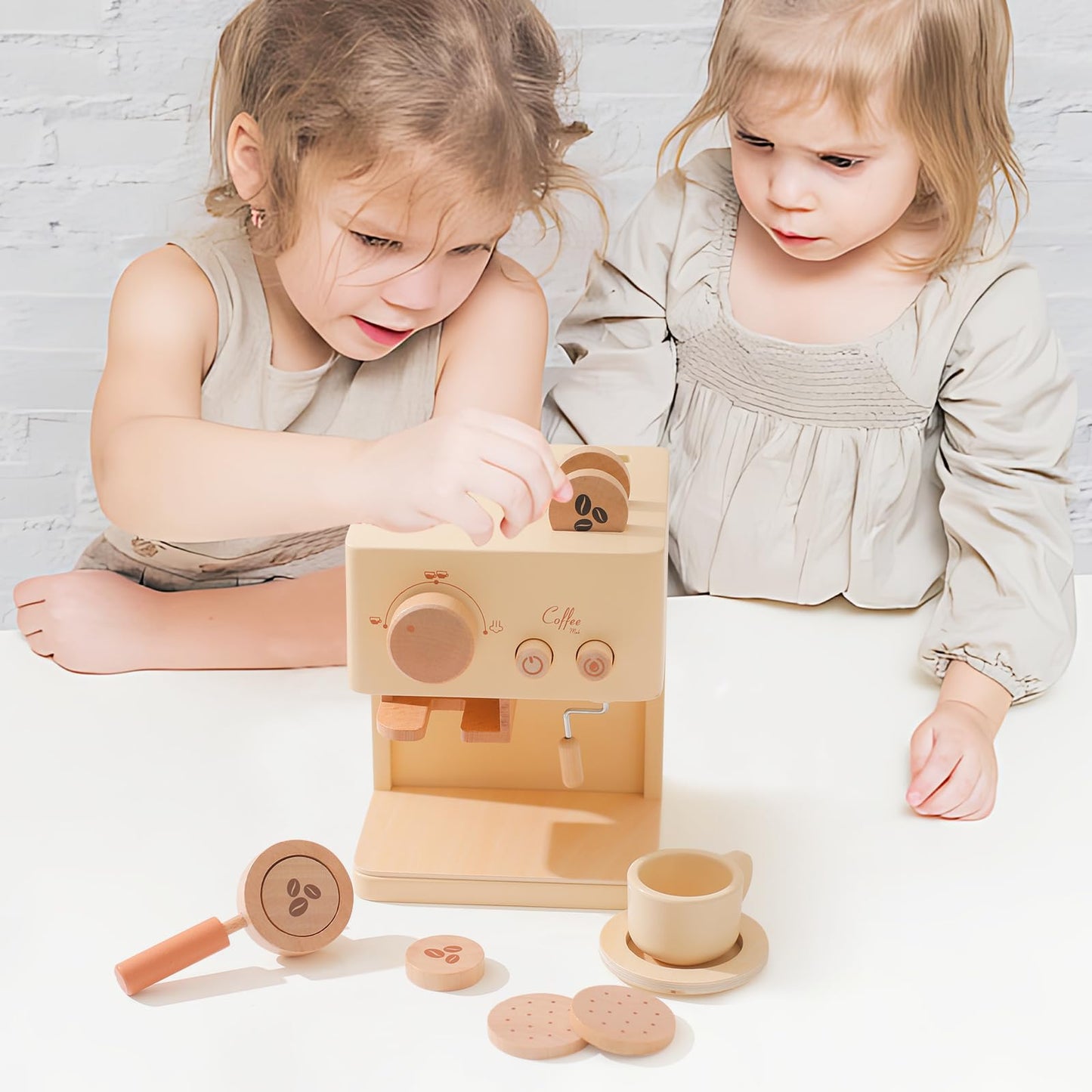 Wooden kids coffee maker playset with grinder, coffee cup, filters, coaster, and coffee discs – Montessori-inspired pretend play toy for toddlers