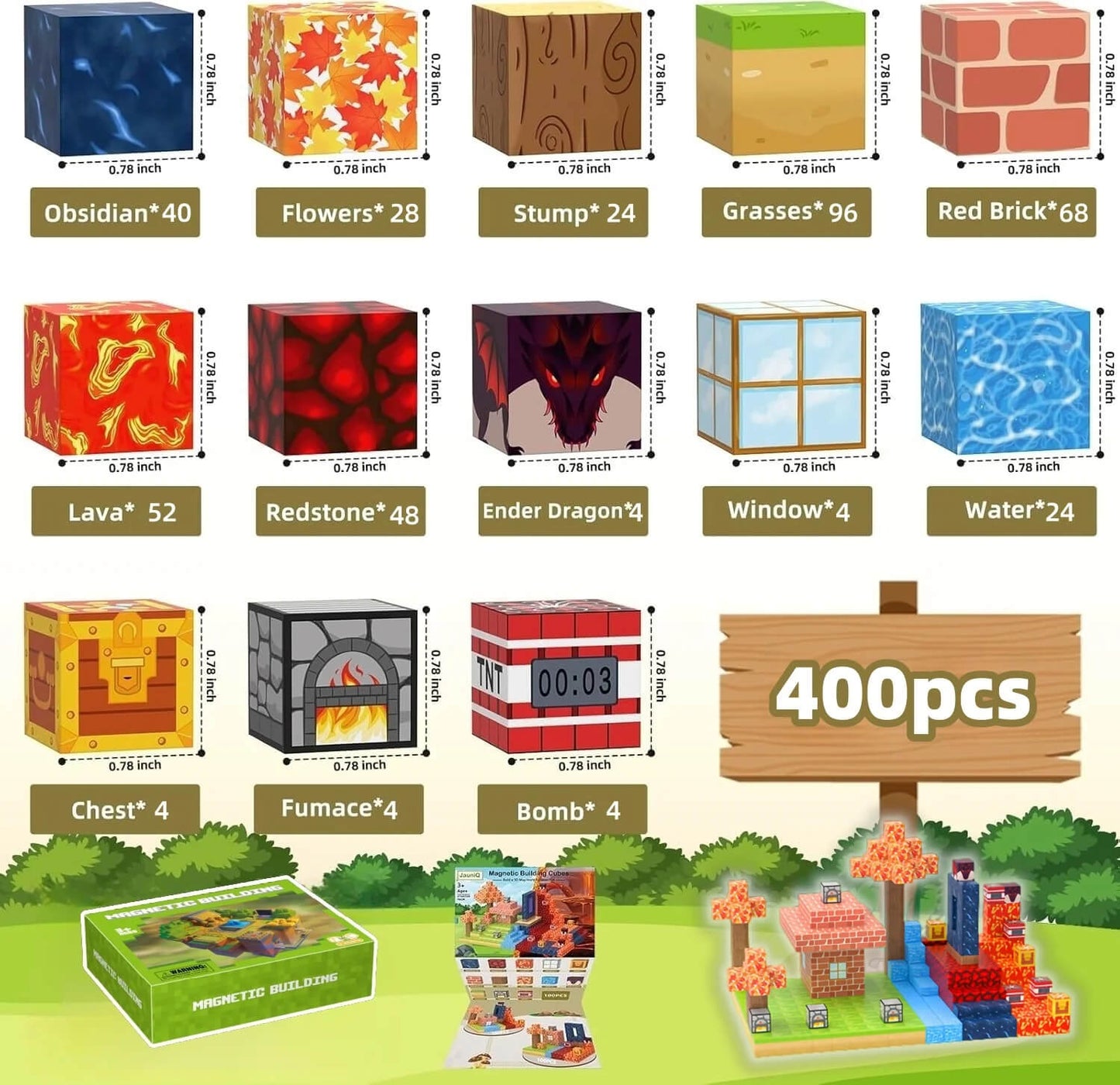 Montessori-inspired magnetic Minecraft blocks set featuring a colorful maple forest, brick house, trees, lava terrain, and water elements for creative building and STEM play.