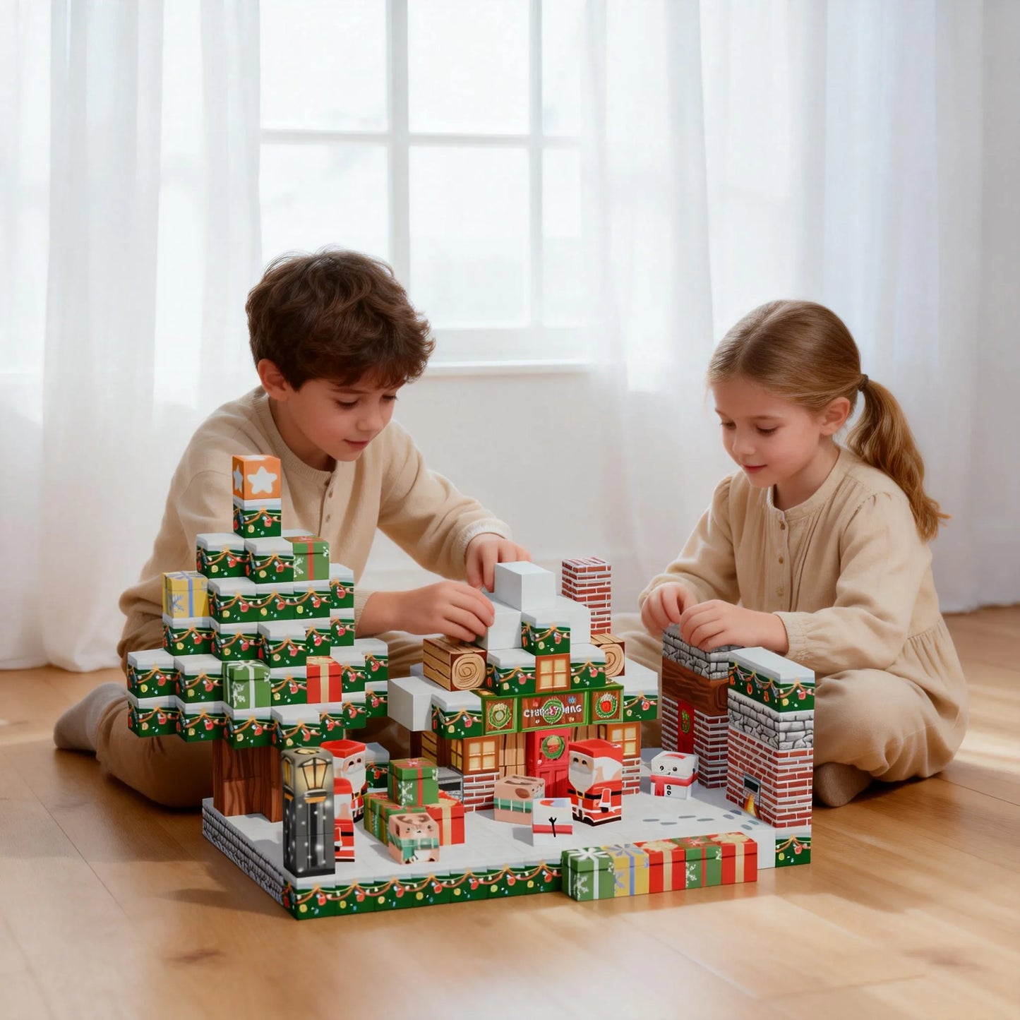 Parents and children developing fine motor skills through festive magnetic block play