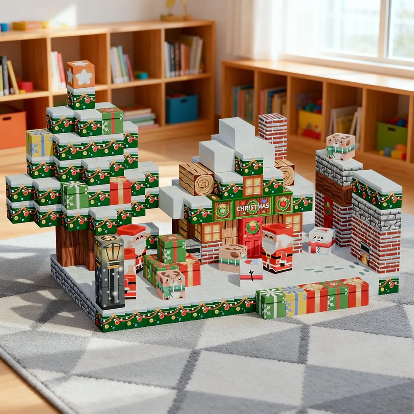 Parents and children developing fine motor skills through festive magnetic block play