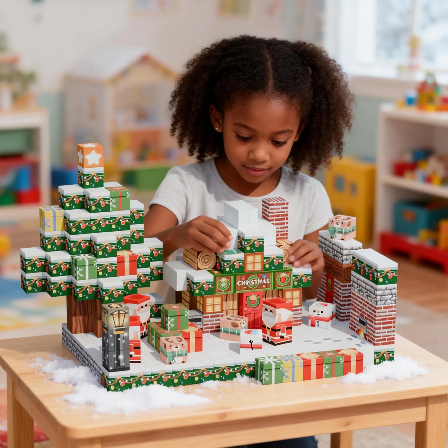 Parents and children developing fine motor skills through festive magnetic block play